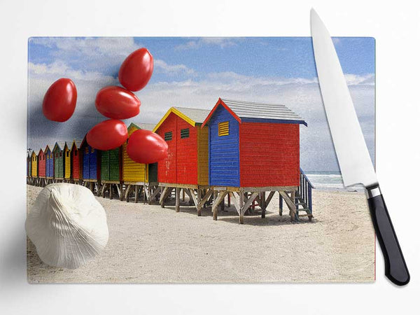 Row Of Beach Huts Glass Chopping Board