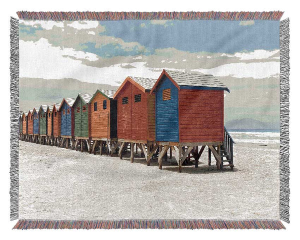 Row Of Beach Huts Woven Blanket