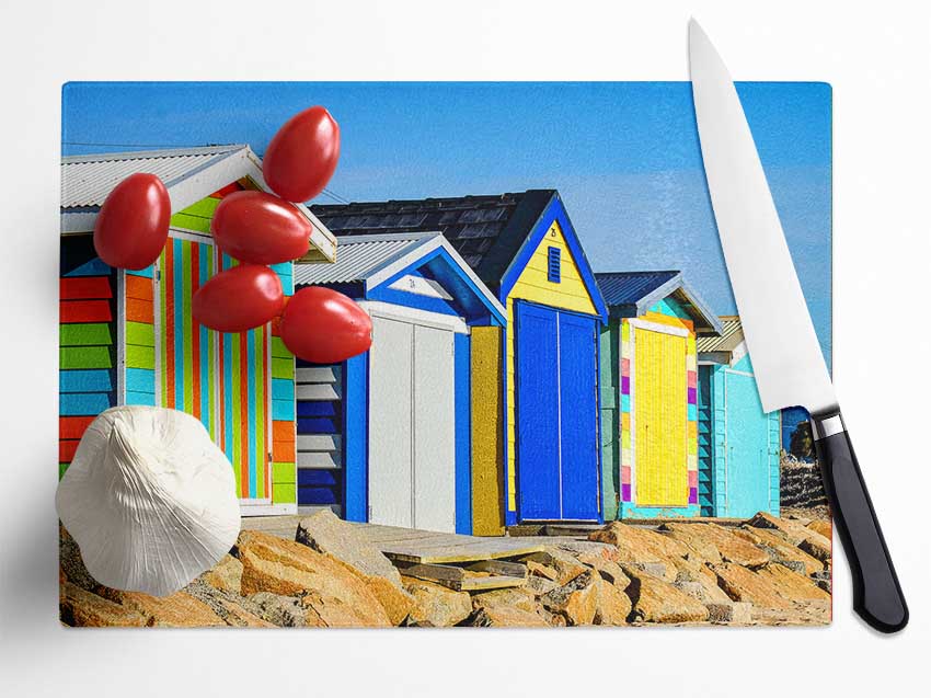 Beach Hut Rocks Glass Chopping Board