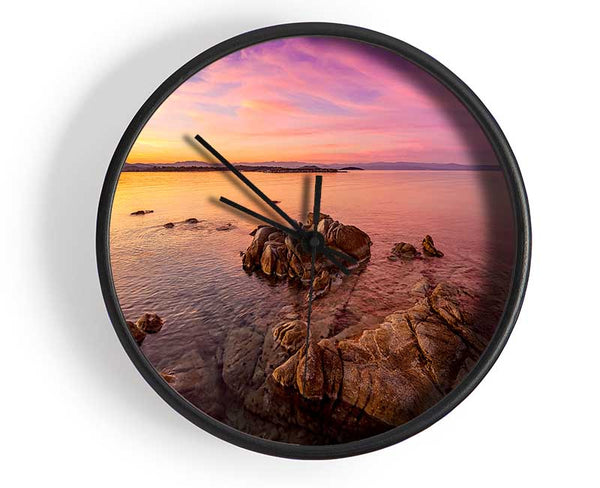 Pink Skies Over The Ocean Rocks Clock - Wallart-Direct UK