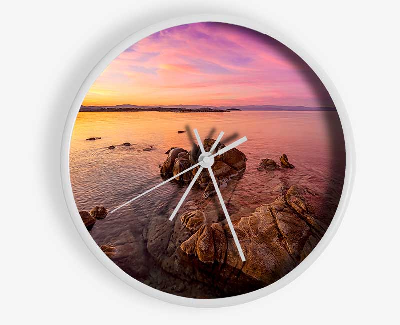 Pink Skies Over The Ocean Rocks Clock - Wallart-Direct UK