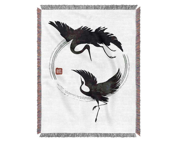 Japanese Cranes In The Circle Of Life Woven Blanket