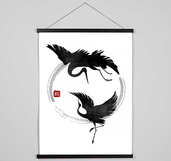 Japanese Cranes In The Circle Of Life Hanging Poster - Wallart-Direct UK