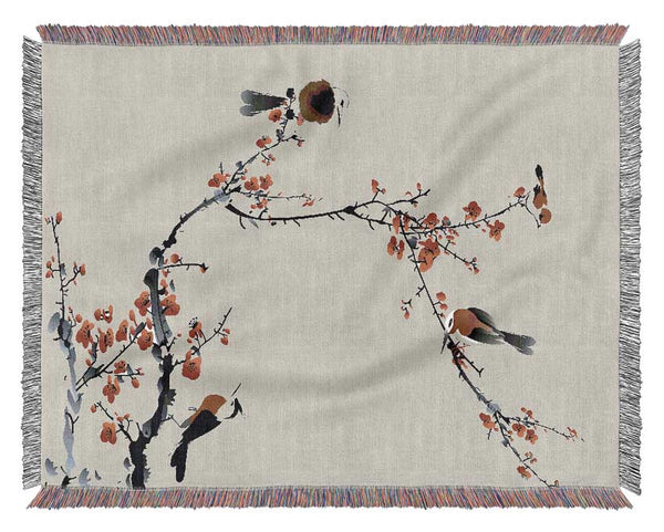 Chinese Cherry Blossom Birds Woven Blanket