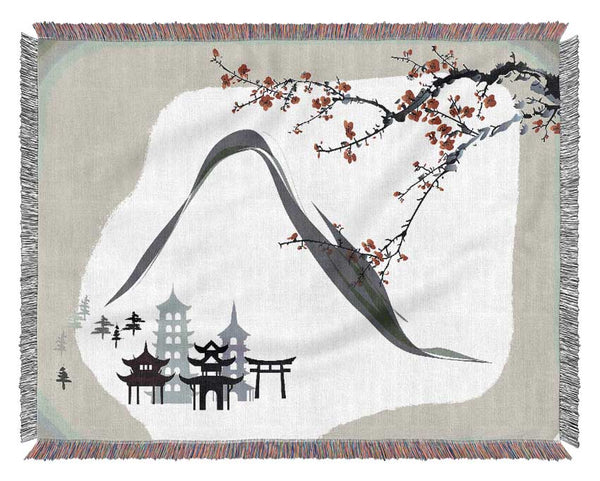 Mountains And Chinese Cherry Blossom Woven Blanket