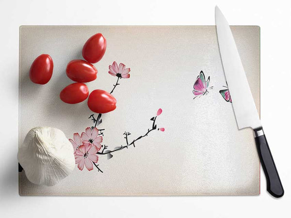 Chinese Cherry Blossom Butterflies Glass Chopping Board