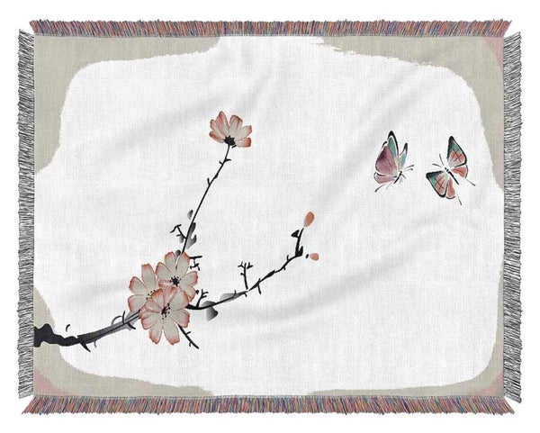 Chinese Cherry Blossom Butterflies Woven Blanket