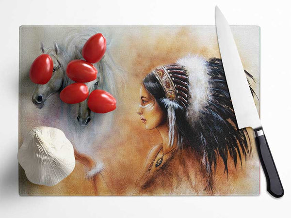 Red Indian Princess With Horses Glass Chopping Board