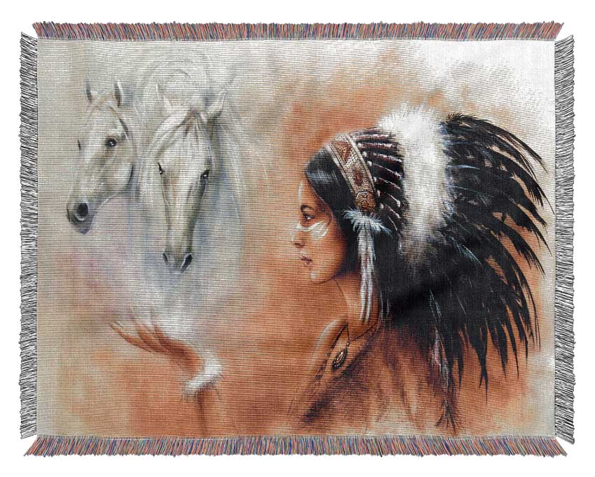 Red Indian Princess With Horses Woven Blanket