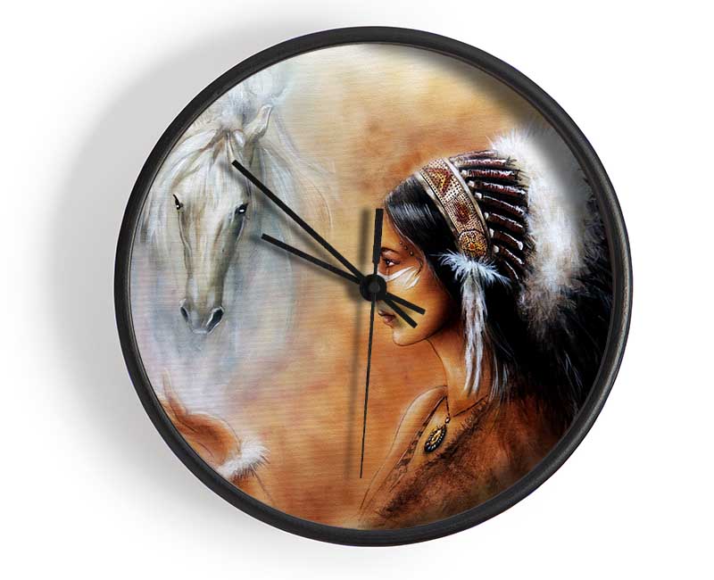 Red Indian Princess With Horses Clock - Wallart-Direct UK