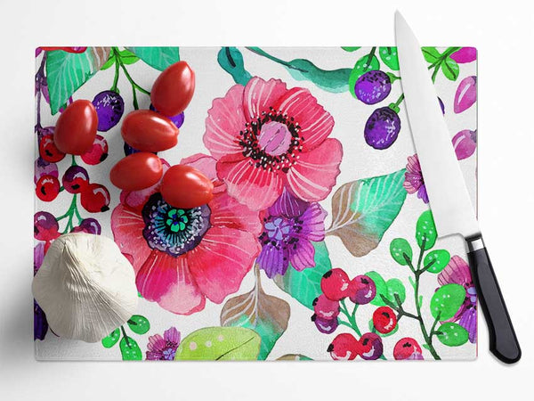 Poppies And Berries Glass Chopping Board