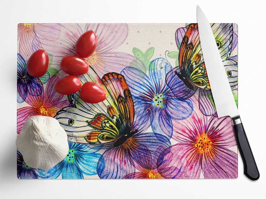 Butterfly Petal Madness Glass Chopping Board