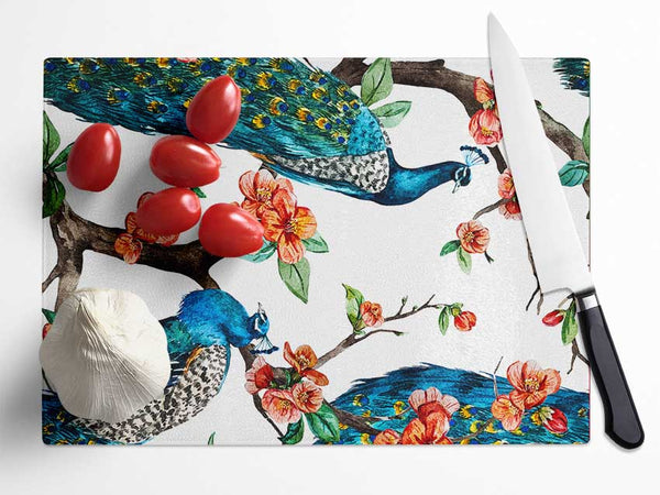 Peacock Branches Glass Chopping Board