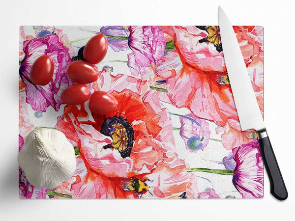 Carnation Poppy Garden Glass Chopping Board