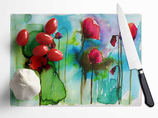 Watercolour Poppies Glass Chopping Board