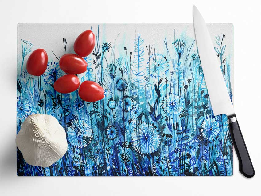 Garden Blues Glass Chopping Board