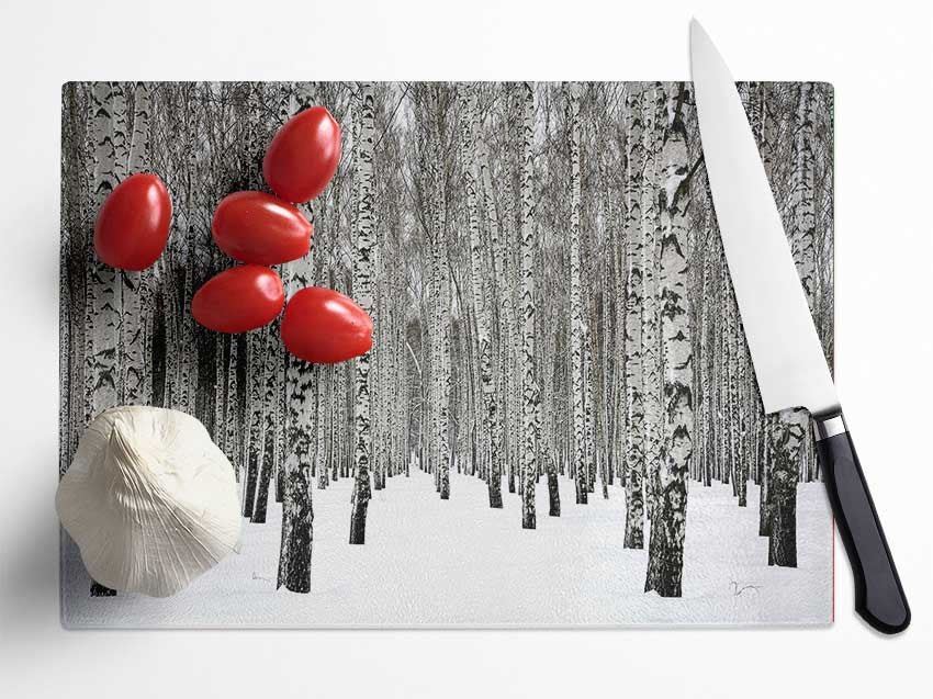 Silver Birch Trees In The Snow Glass Chopping Board