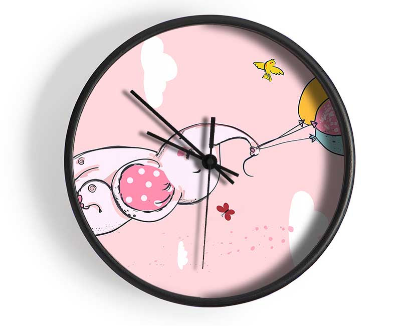 Pink Elephant Floating On Balloons Clock - Wallart-Direct UK