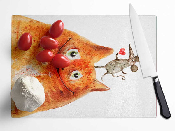 Cat And Mouse Love Glass Chopping Board