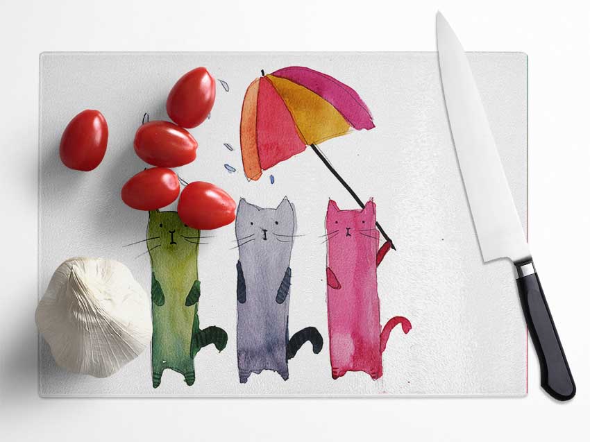 Umbrella Cats Glass Chopping Board