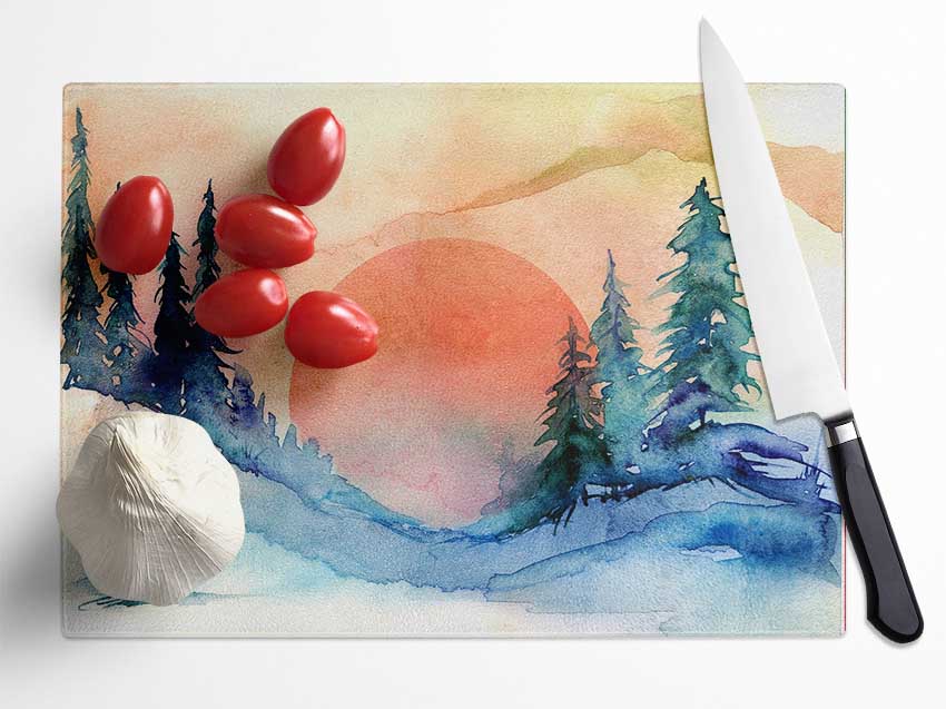 Red Winter Sun Glass Chopping Board