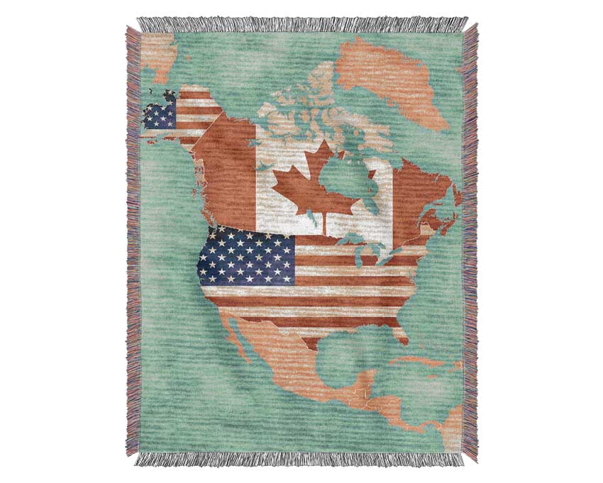 Canada And American Map Woven Blanket