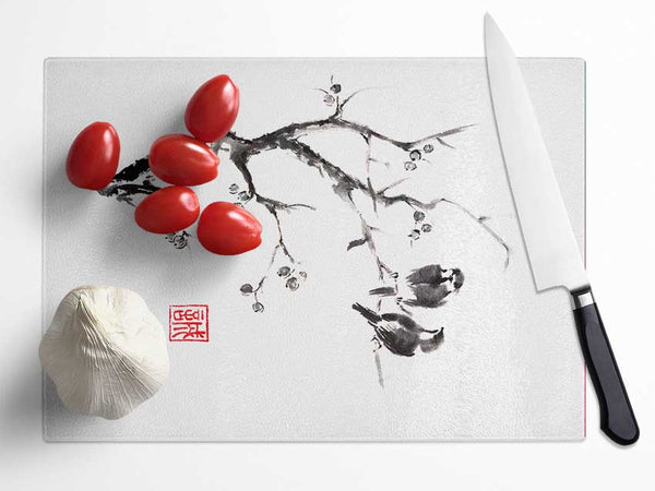 Chinese Birds In The Branch Glass Chopping Board