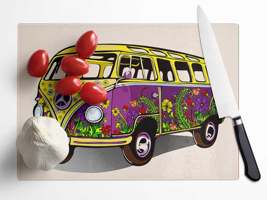 Flower Power VW Camper Van Glass Chopping Board