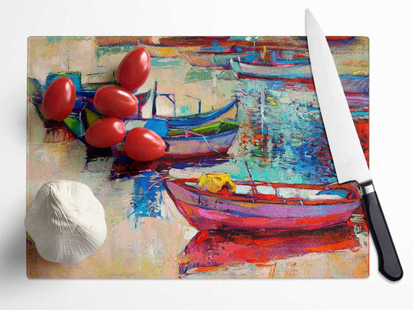 Colourful Boats On The Water Glass Chopping Board