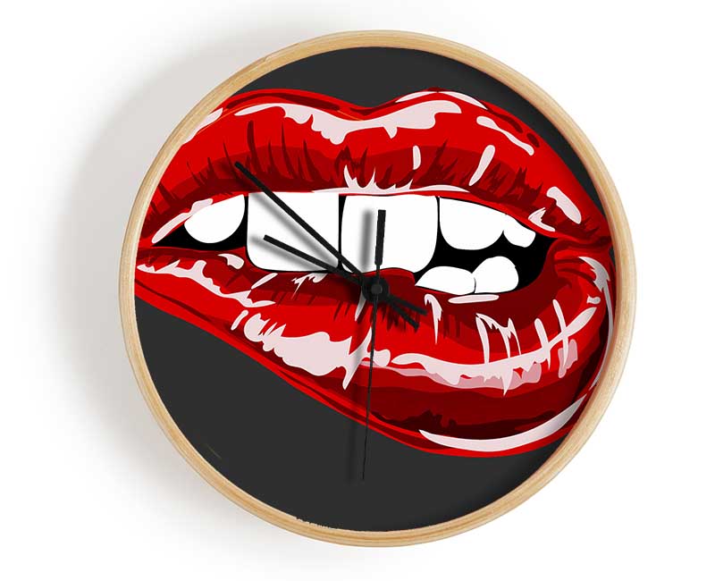 Red Lip Bite On Grey Clock - Wallart-Direct UK