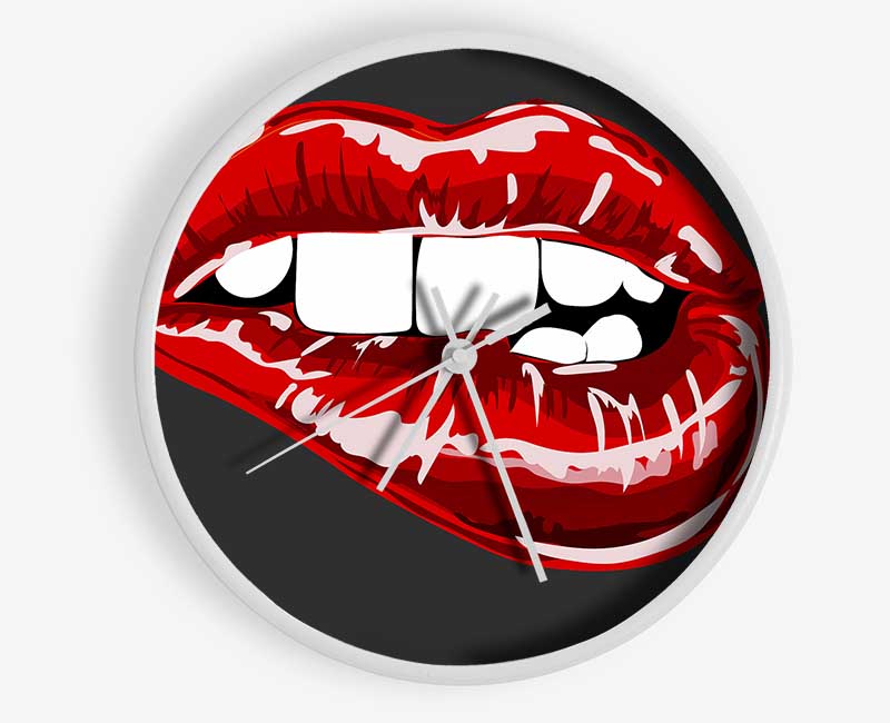 Red Lip Bite On Grey Clock - Wallart-Direct UK