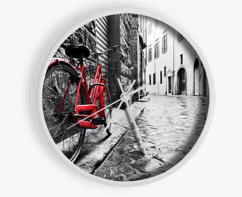 Red Bicycle In The Cobbled Streets Clock - Wallart-Direct UK