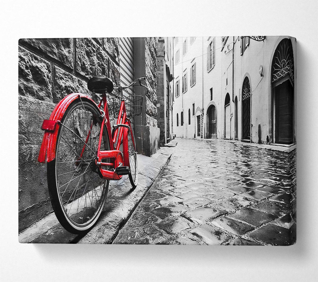 Picture of Red Bicycle In The Cobbled Streets Canvas Print Wall Art