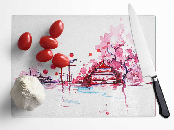 Pink Chinese Village Glass Chopping Board