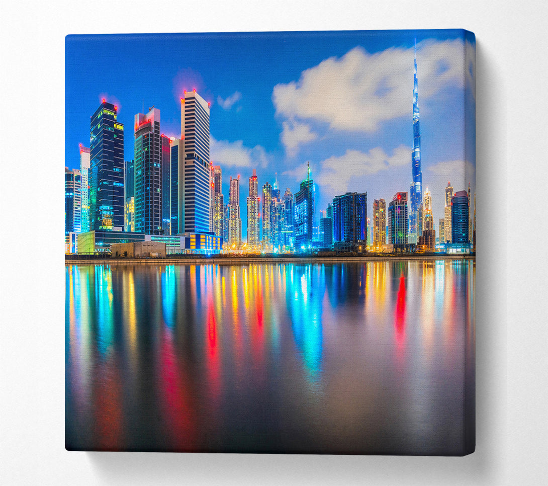 A Square Canvas Print Showing Colourful City At Night Square Wall Art