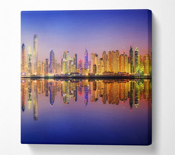 A Square Canvas Print Showing Reflections Of The Colourful City By Night Square Wall Art