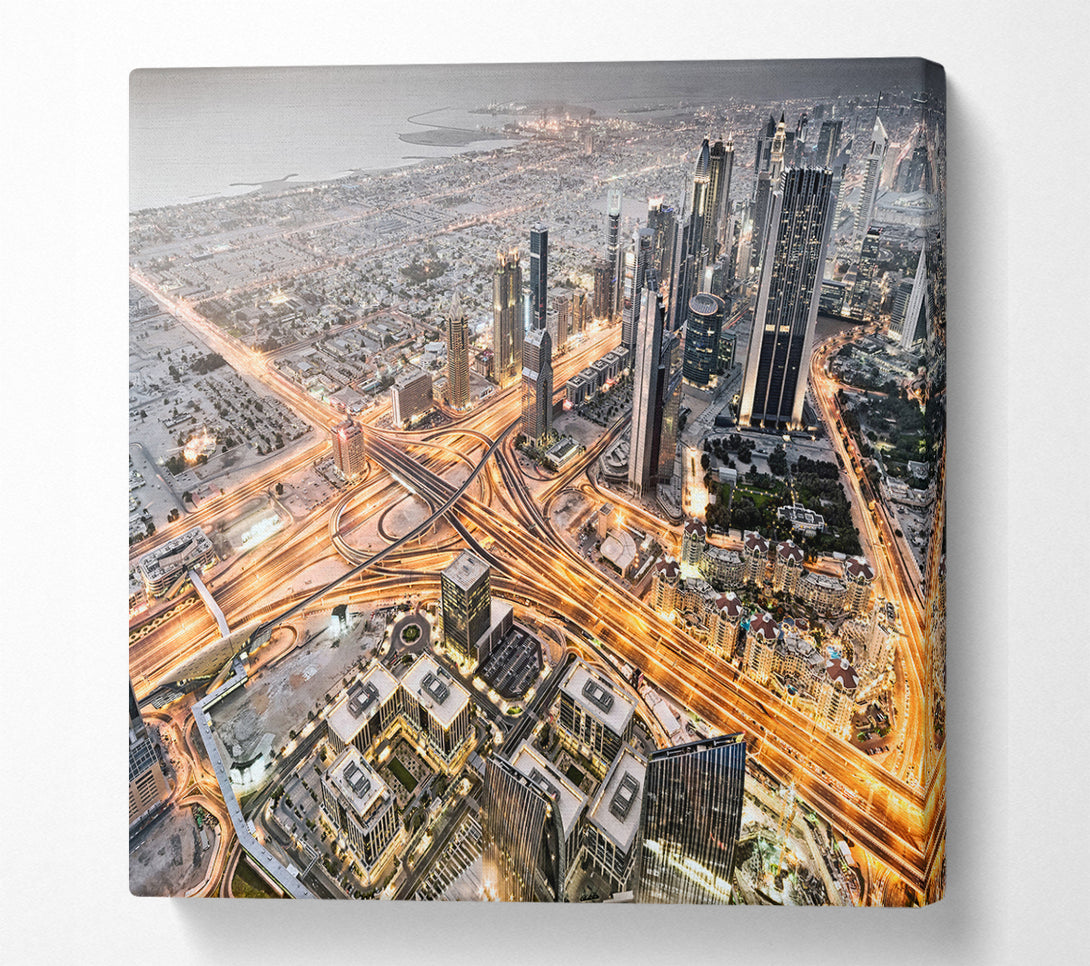 A Square Canvas Print Showing Golden City Roads Square Wall Art