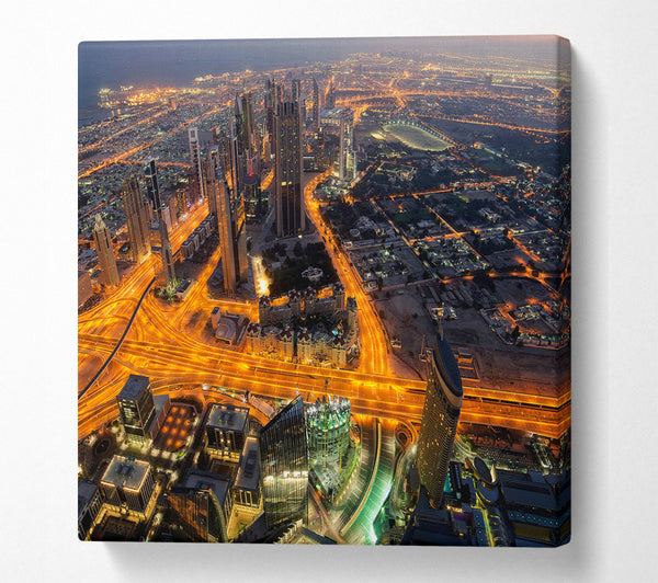 A Square Canvas Print Showing Golden Roads Through The City Square Wall Art