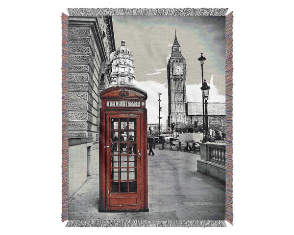 Red Phone Box Near Big Ben Woven Blanket