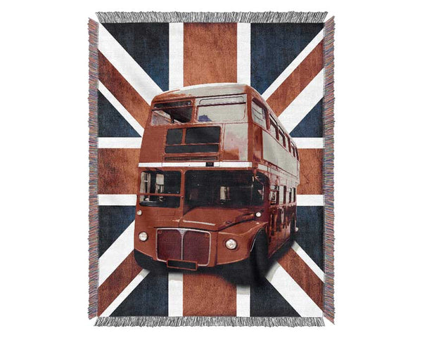 Red Bus On The British Flag Woven Blanket