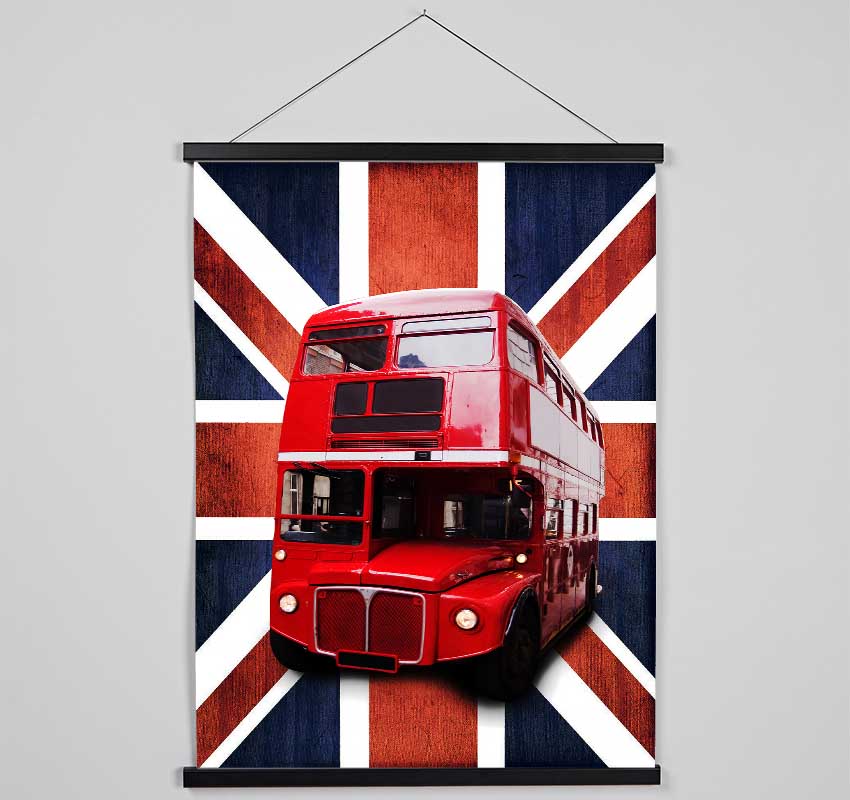 Red Bus On The British Flag Hanging Poster - Wallart-Direct UK