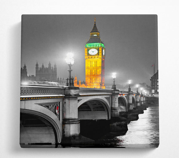 A Square Canvas Print Showing Golden Big Ben Over Tower Bridge Square Wall Art