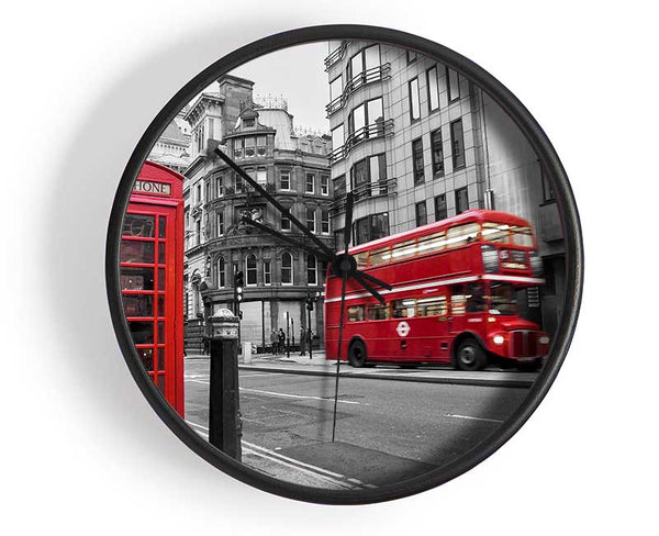 Double Decker Red Bus Through The Streets Clock - Wallart-Direct UK