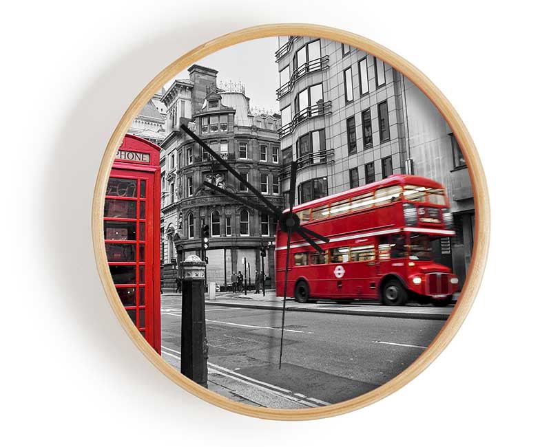 Double Decker Red Bus Through The Streets Clock - Wallart-Direct UK