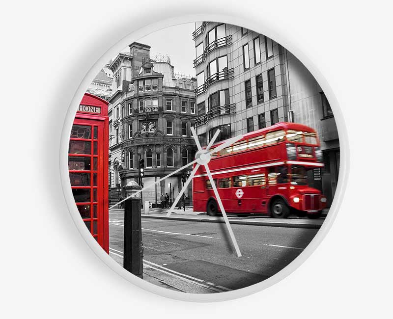 Double Decker Red Bus Through The Streets Clock - Wallart-Direct UK