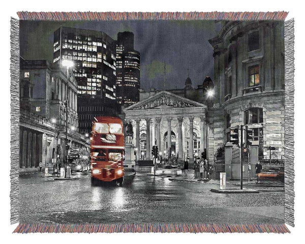 Red Bus In The Heart Of The City Woven Blanket