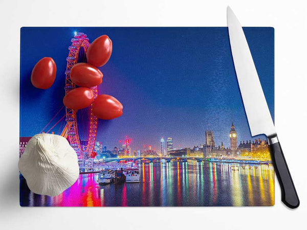 London Eye Rainbow Thames At Night Glass Chopping Board