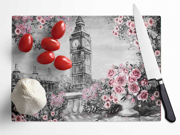 Big Ben Pink Roses Glass Chopping Board