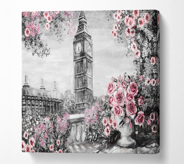 A Square Canvas Print Showing Big Ben Pink Roses Square Wall Art