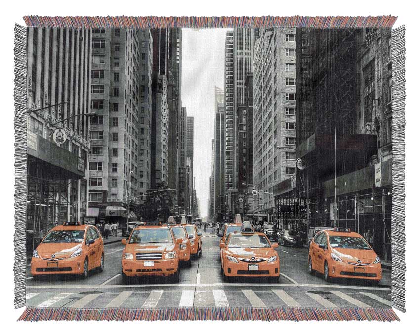 Yellow Cab Line Up Streets Woven Blanket